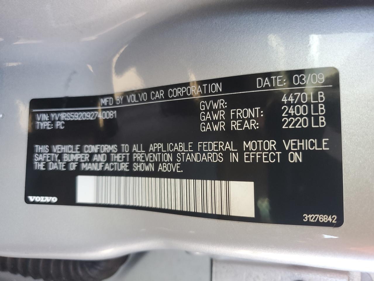 2009 Volvo S60 VIN YV1RS592092740081 Copart auction photo, side / front end damage thumbnail 12