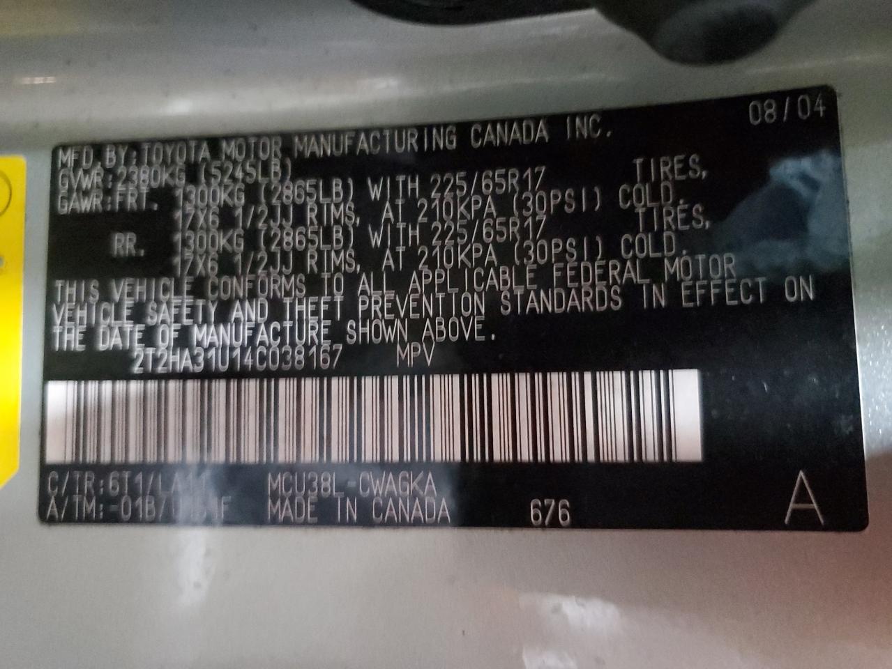 2004 Lexus RX VIN 2T2HA31U14C038167 Copart auction photo, normal wear damage thumbnail 13