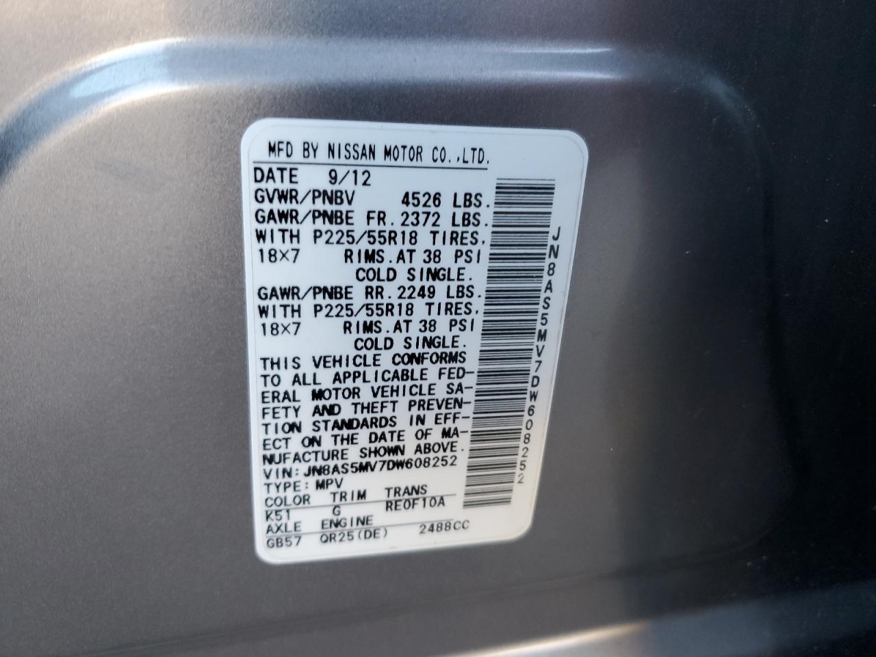 2013 Nissan Rogue VIN JN8AS5MV7DW608252 Copart auction photo, front end damage thumbnail 13