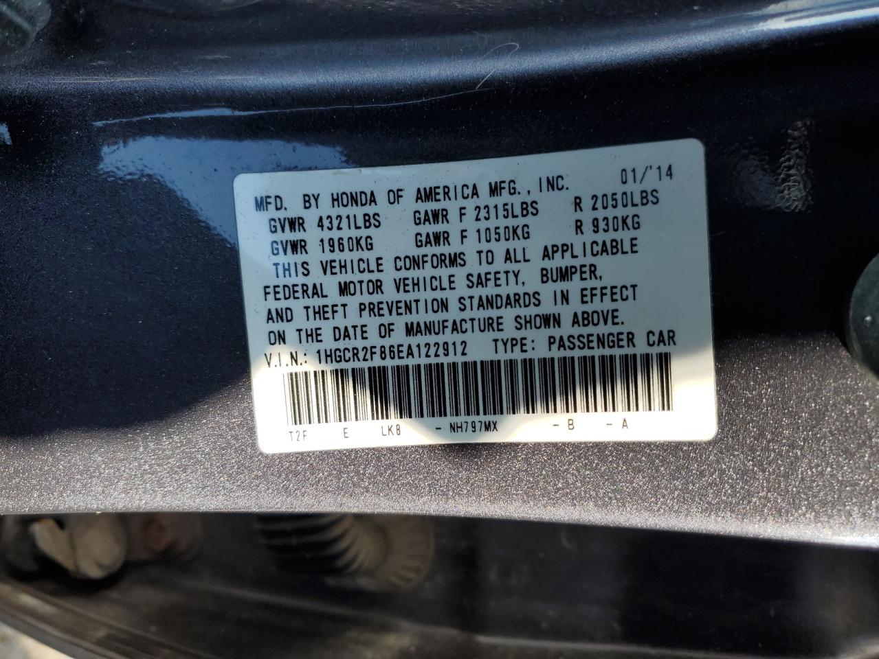 2014 Honda Accord VIN 1HGCR2F86EA122912 Copart auction photo, front end damage thumbnail 12