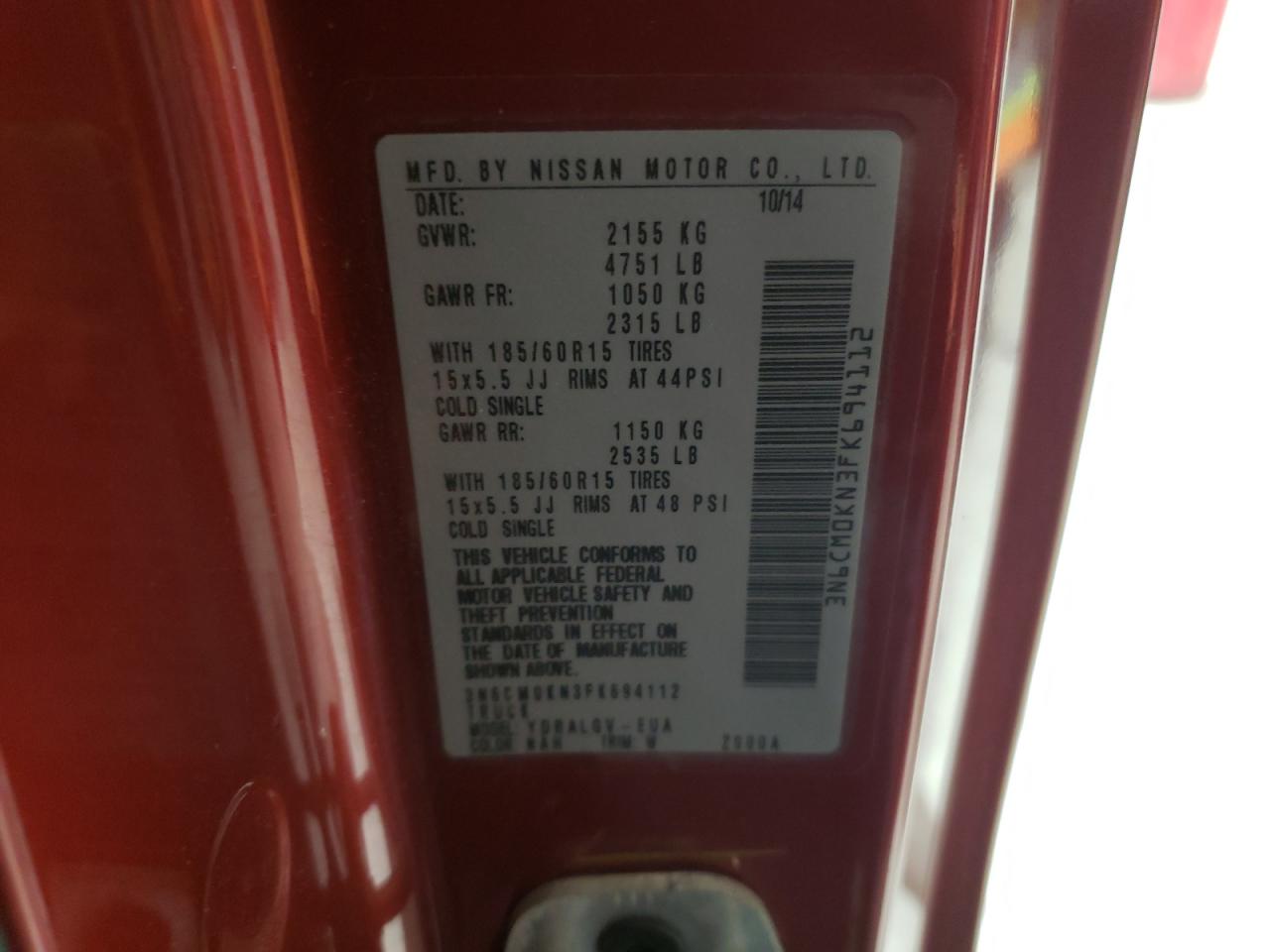2015 Nissan NV VIN 3N6CM0KN3FK694112 Copart auction photo, front end damage thumbnail 15