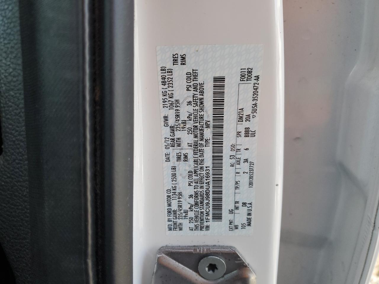2013 Ford Escape VIN 1FMCU9J98DUA16931 Copart auction photo, biohazard/chemical / front end damage thumbnail 16