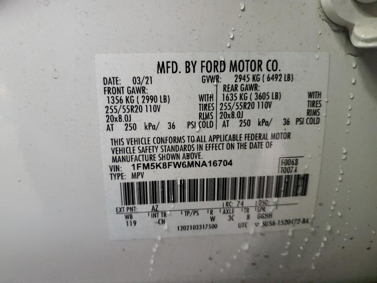 2021 Ford Explorer VIN 1FM5K8FW6MNA16704 Copart auction photo, front end / side damage thumbnail 14