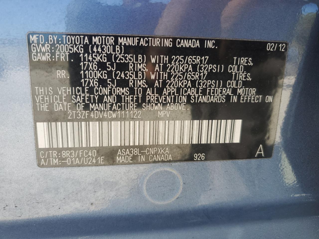 2012 Toyota RAV 4 VIN 2T3ZF4DV4CW111122 Copart auction photo, side / front end damage thumbnail 13