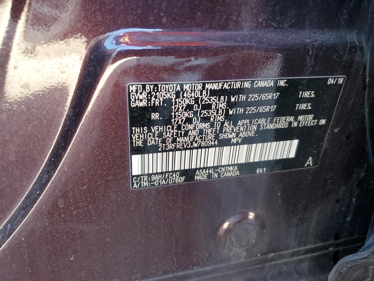 2018 Toyota RAV 4 VIN 2T3RFREV3JW780944 Copart auction photo, front end damage thumbnail 14