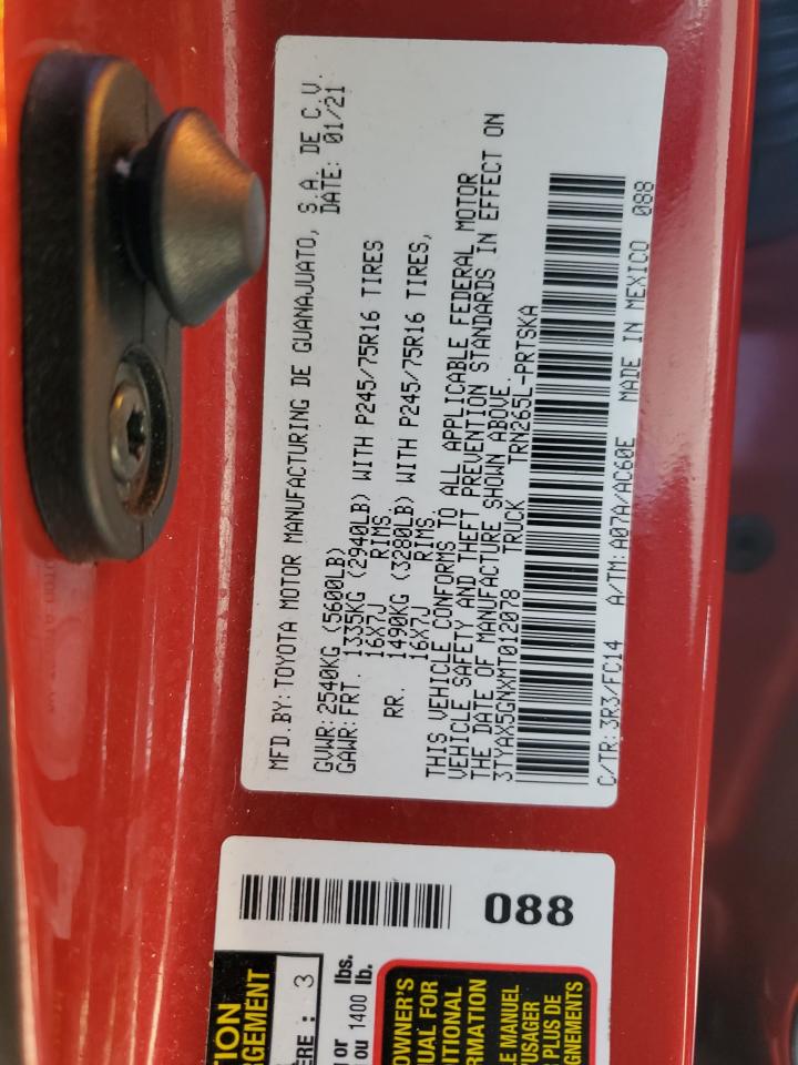 2021 Toyota Tacoma VIN 3TYAX5GNXMT012078 Copart auction photo, front end damage thumbnail 14