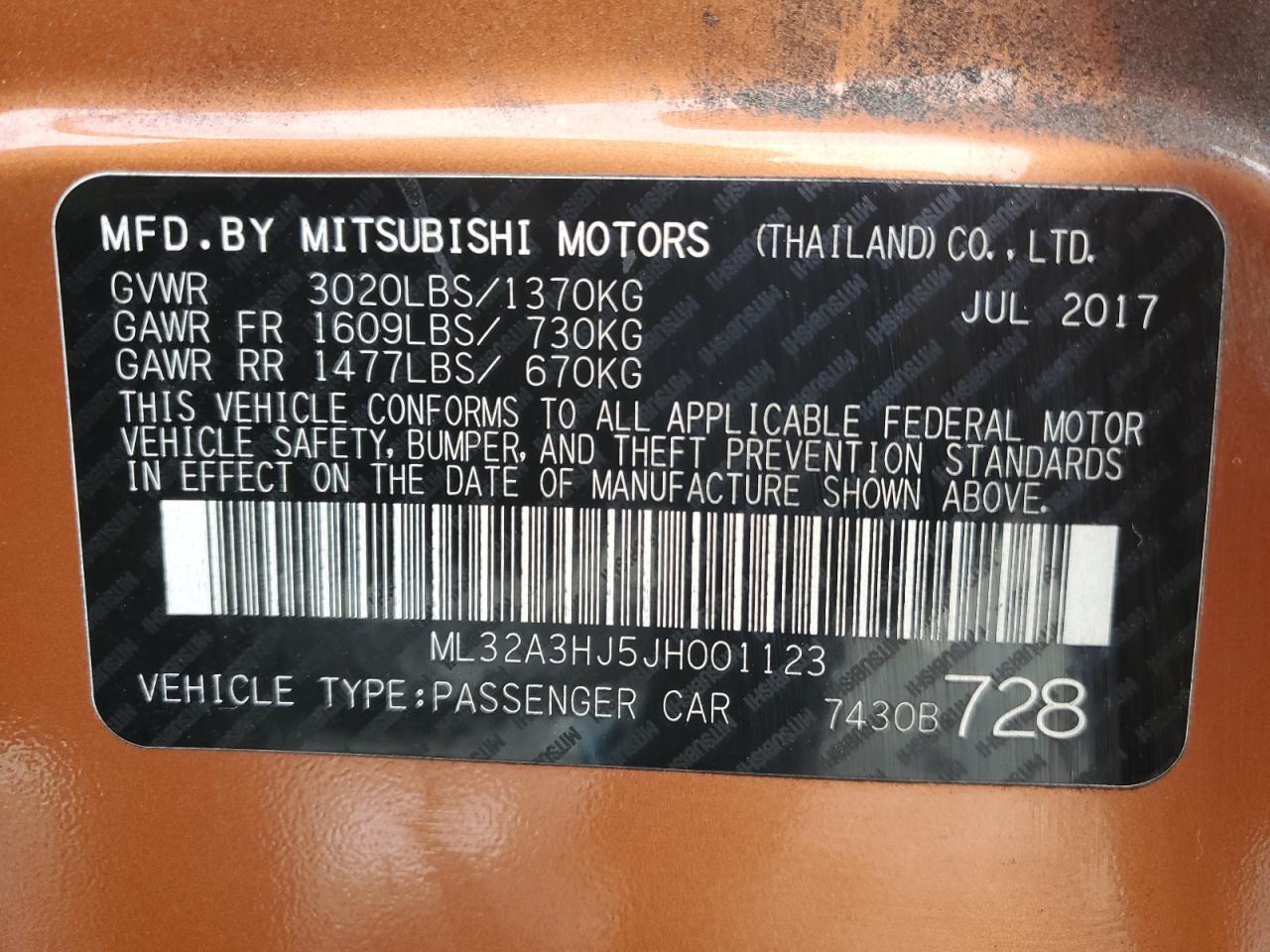 2018 Mitsubishi Mirage VIN ML32A3HJ5JH001123 Copart auction photo, all over damage thumbnail 12