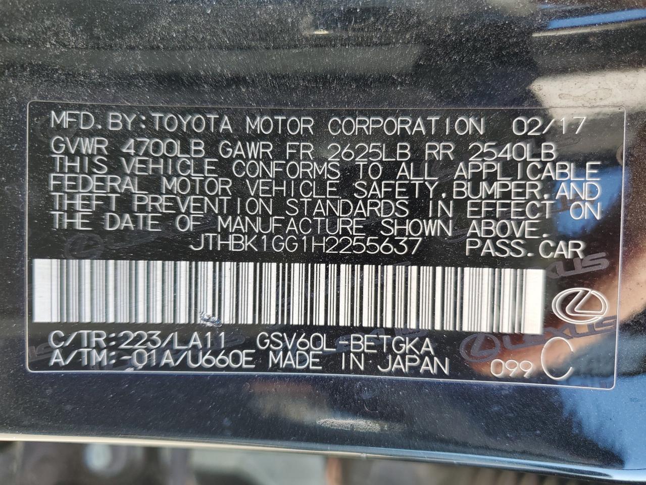 2017 Lexus ES VIN JTHBK1GG1H2255637 Copart auction photo, rear end damage thumbnail 12