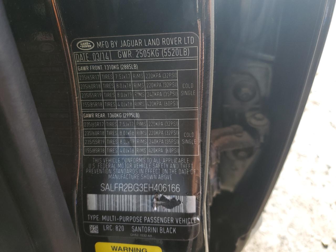 2014 Land Rover LR2 VIN SALFR2BG3EH406166 Copart auction photo, rear end / side damage thumbnail 14