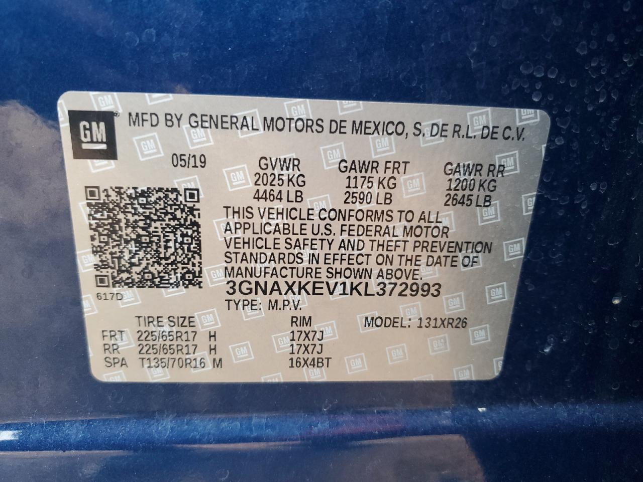 2019 Chevrolet Equinox VIN 3GNAXKEV1KL372993 Copart auction photo, front end damage thumbnail 13