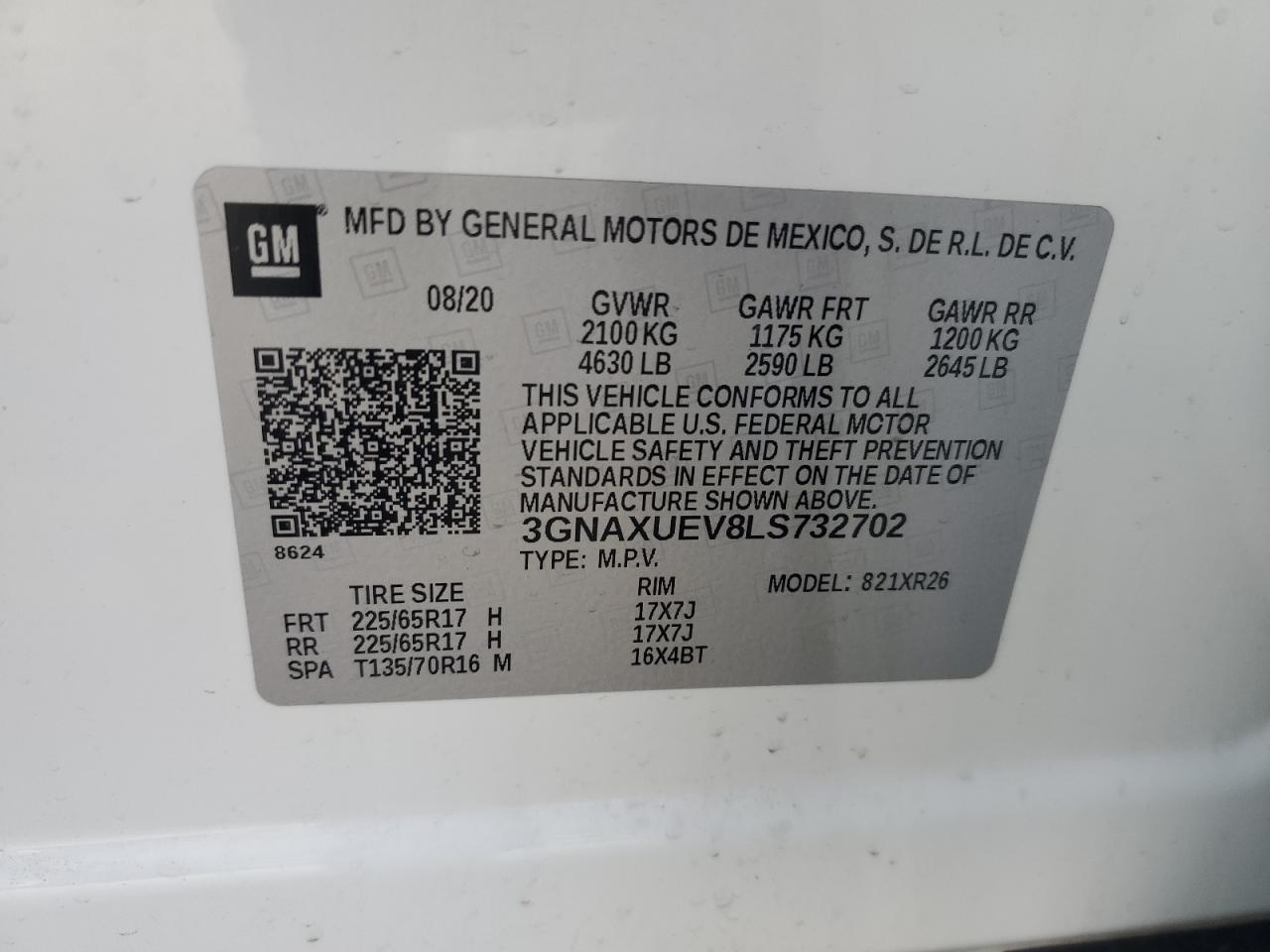 2020 Chevrolet Equinox VIN 3GNAXUEV8LS732702 Copart auction photo, all over / minor dent/scratches damage thumbnail 15