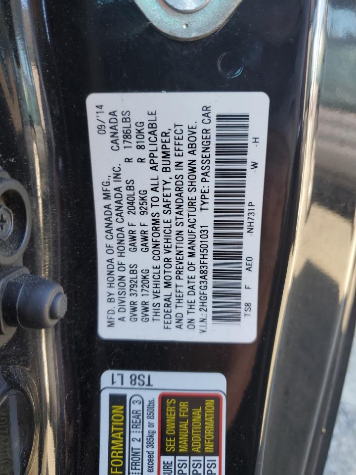2015 Honda Civic VIN 2HGFG3A83FH501031 Copart auction photo, side damage thumbnail 12