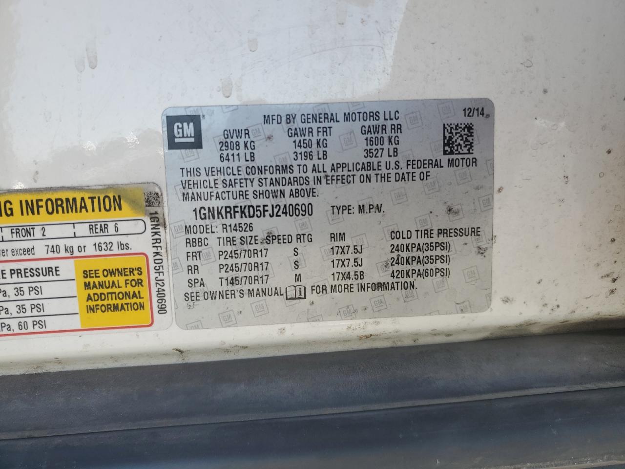 2015 Chevrolet Traverse VIN 1GNKRFKD5FJ240690 Copart auction photo, front end damage thumbnail 15