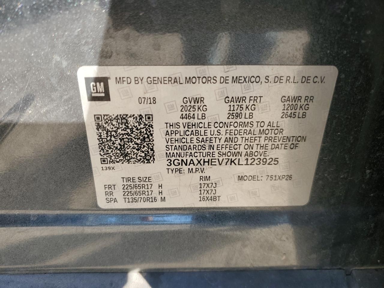 2019 Chevrolet Equinox VIN 3GNAXHEV7KL123925 Copart auction photo, front end damage thumbnail 14