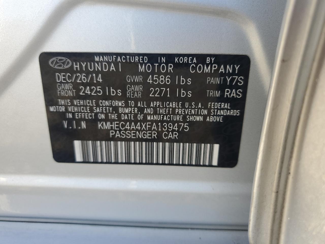 2015 Hyundai Sonata VIN KMHEC4A4XFA139475 Copart auction photo, front end damage thumbnail 12