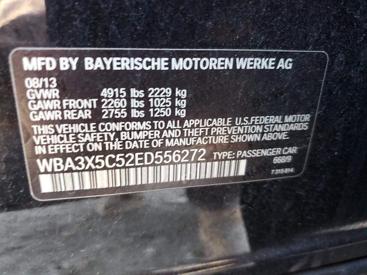 2014 BMW 3er VIN WBA3X5C52ED556272 Copart auction photo, side / front end damage thumbnail 12