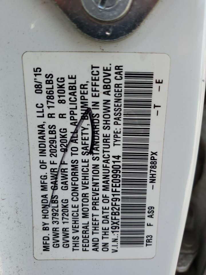2015 Honda Civic VIN 19XFB2F91FE099014 Copart auction photo, rear end / front end damage thumbnail 13