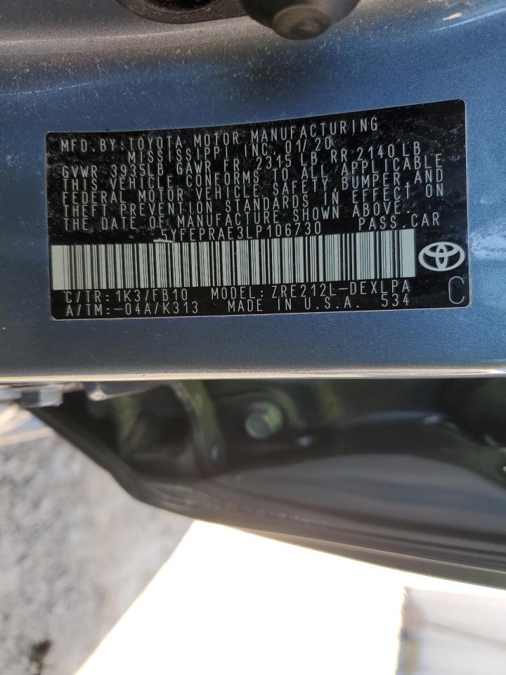 2020 Toyota Corolla VIN 5YFEPRAE3LP106730 Copart auction photo, side damage thumbnail 12