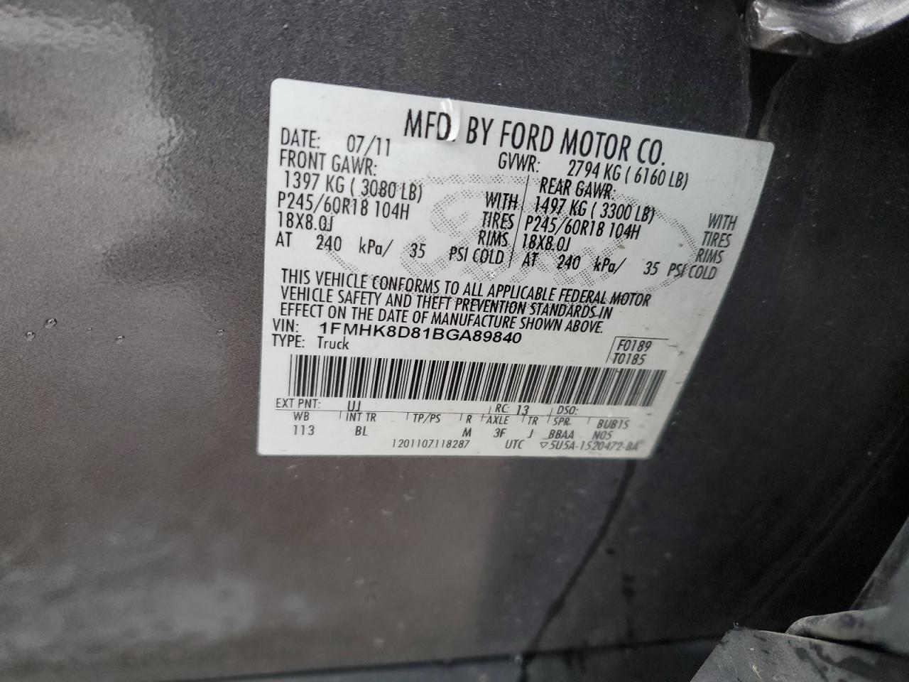 2011 Ford Explorer VIN 1FMHK8D81BGA89840 Copart auction photo, front end / side damage thumbnail 13