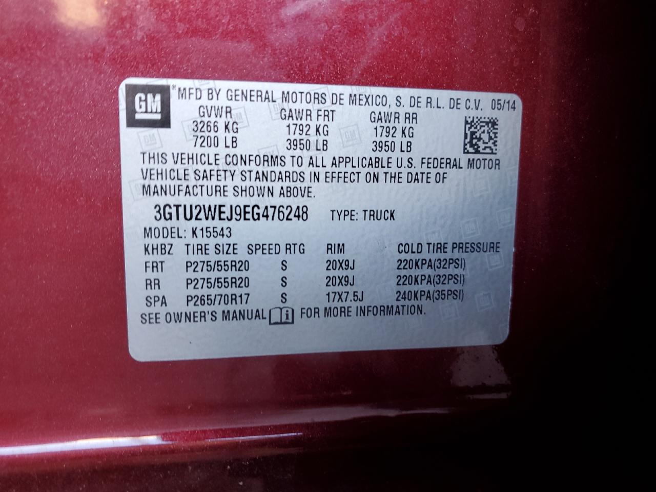 2014 GMC Sierra VIN 3GTU2WEJ9EG476248 Copart auction photo, top/roof damage thumbnail 12