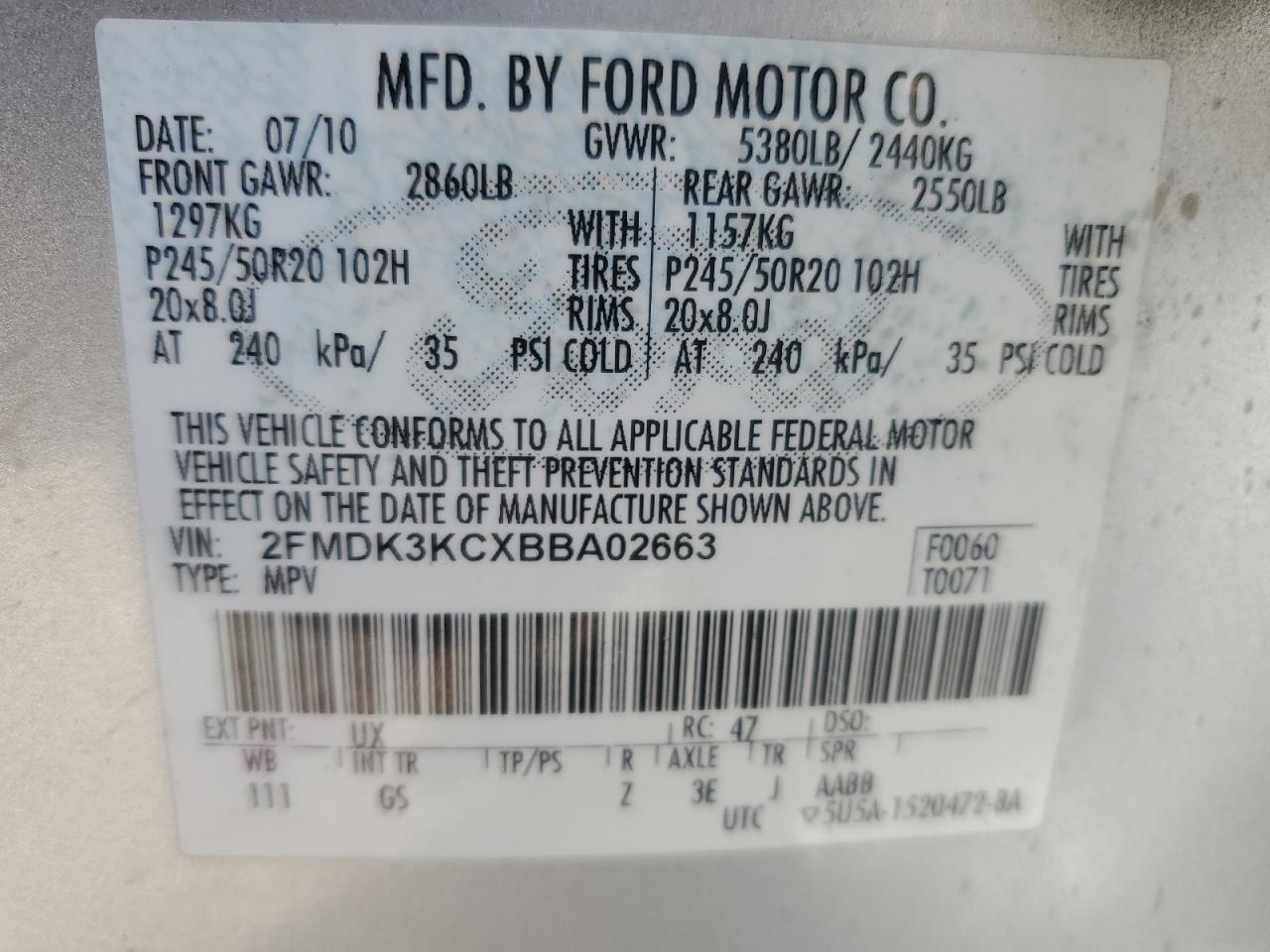 2011 Ford Edge VIN 2FMDK3KCXBBA02663 Copart auction photo, front end damage thumbnail 16