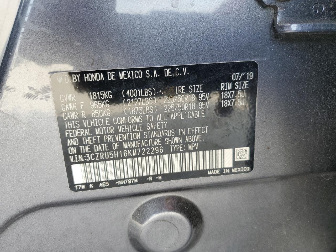 2019 Honda HR-V VIN 3CZRU5H16KM722296 Copart auction photo, all over / minor dent/scratches damage thumbnail 14