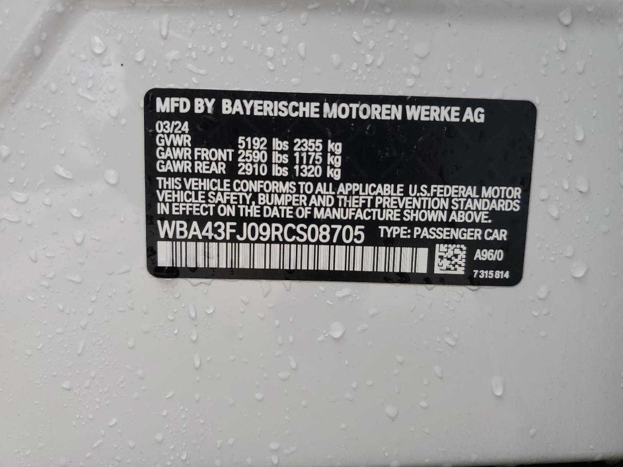 2024 BMW 5er VIN WBA43FJ09RCS08705 Copart auction photo, side damage thumbnail 12