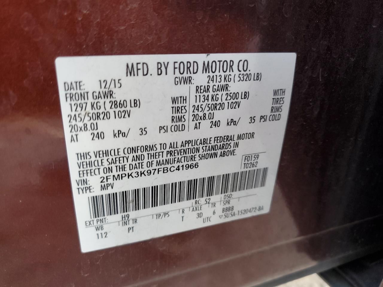 2015 Ford Edge VIN 2FMPK3K97FBC41966 Copart auction photo, front end damage thumbnail 16