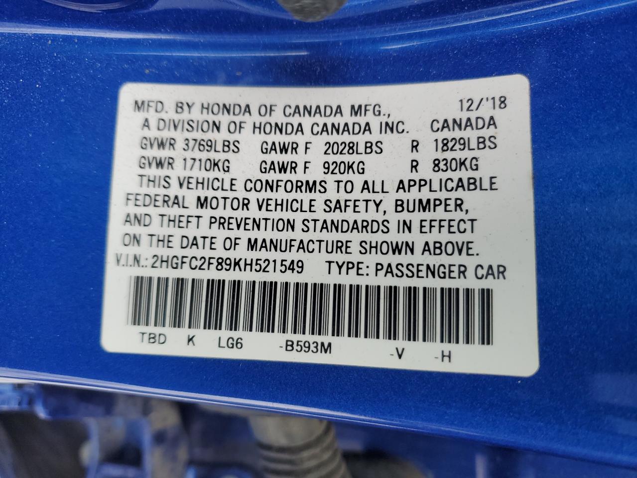 2019 Honda Civic VIN 2HGFC2F89KH521549 Copart auction photo, rear end damage thumbnail 12