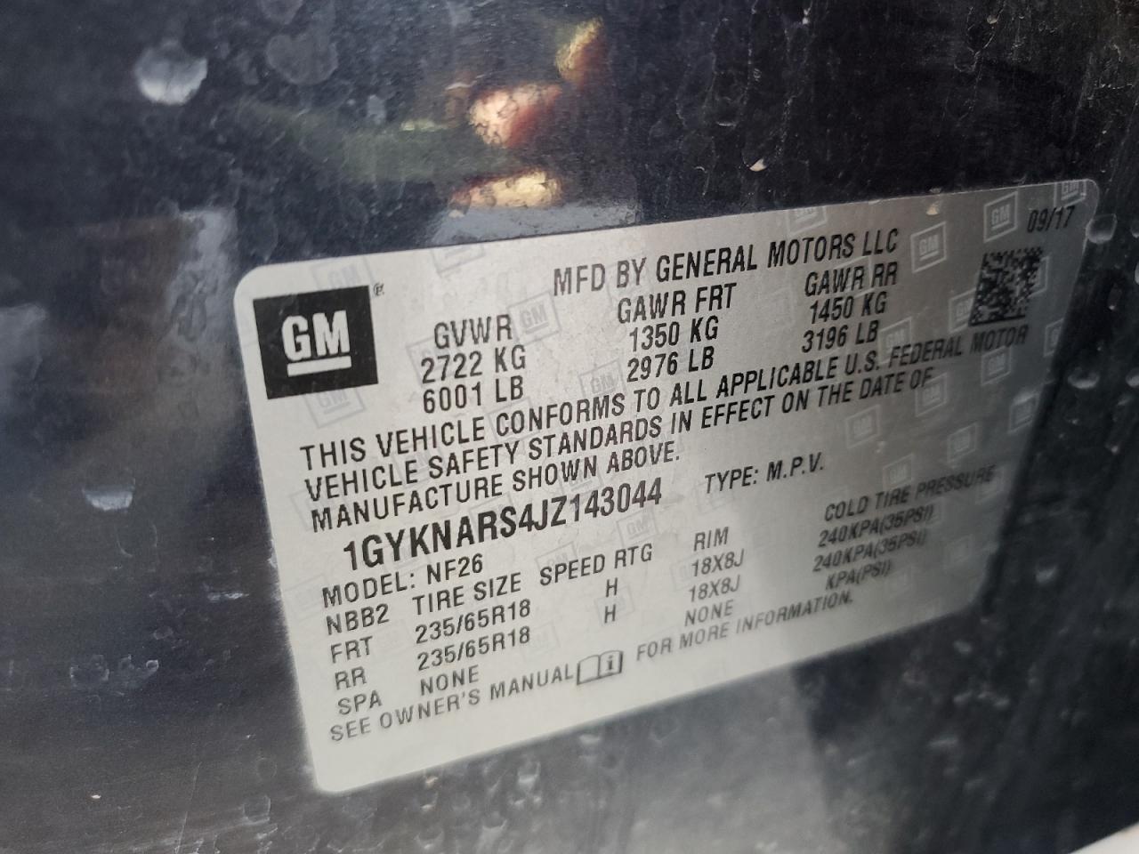 2018 Cadillac XT5 VIN 1GYKNARS4JZ143044 Copart auction photo, front end / side damage thumbnail 14