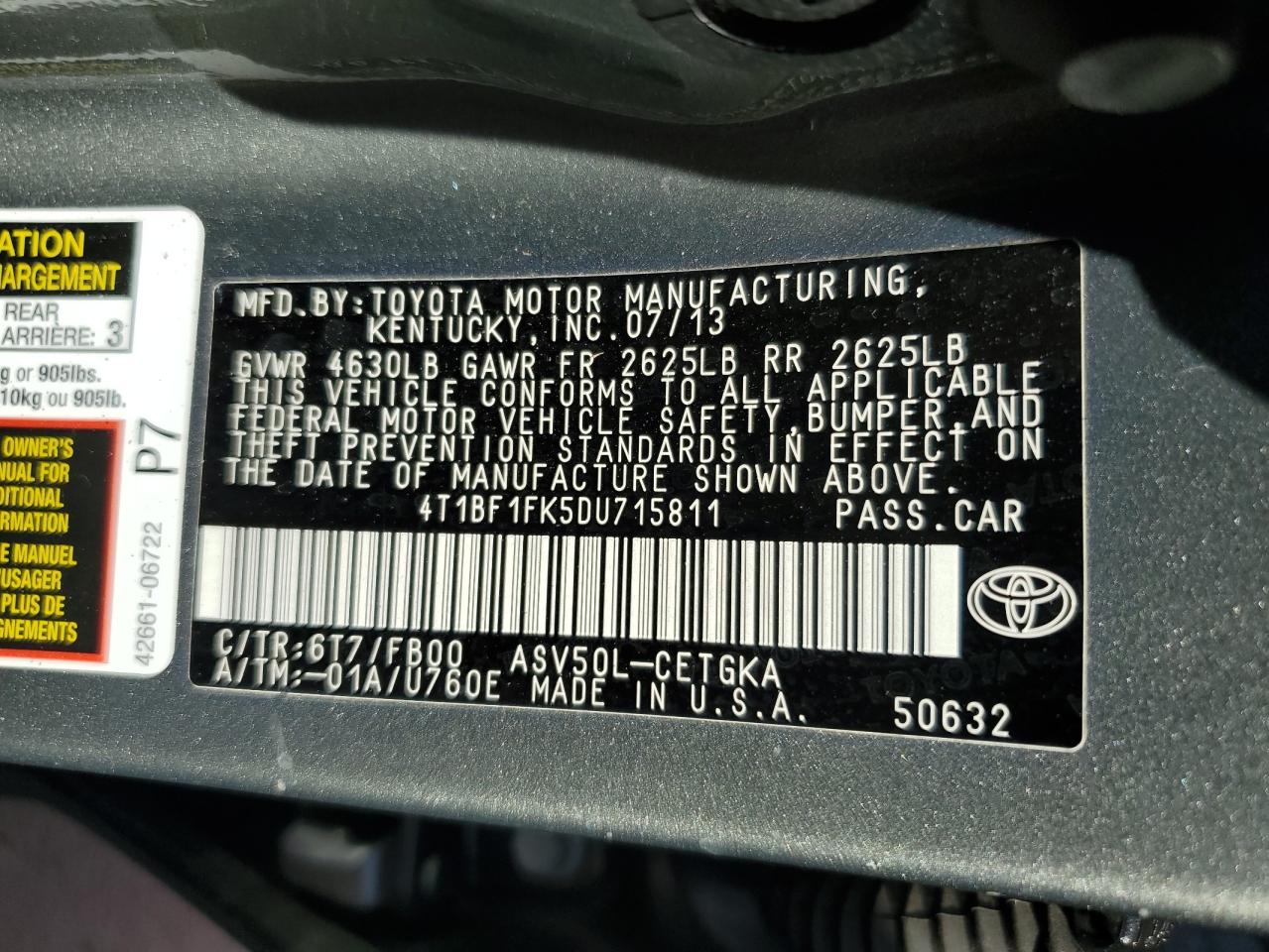 2013 Toyota Camry VIN 4T1BF1FK5DU715811 Copart auction photo, all over damage thumbnail 13