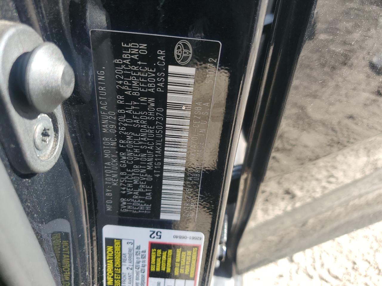 2020 Toyota Camry VIN 4T1G11AKXLU507370 Copart auction photo, water/flood damage thumbnail 13