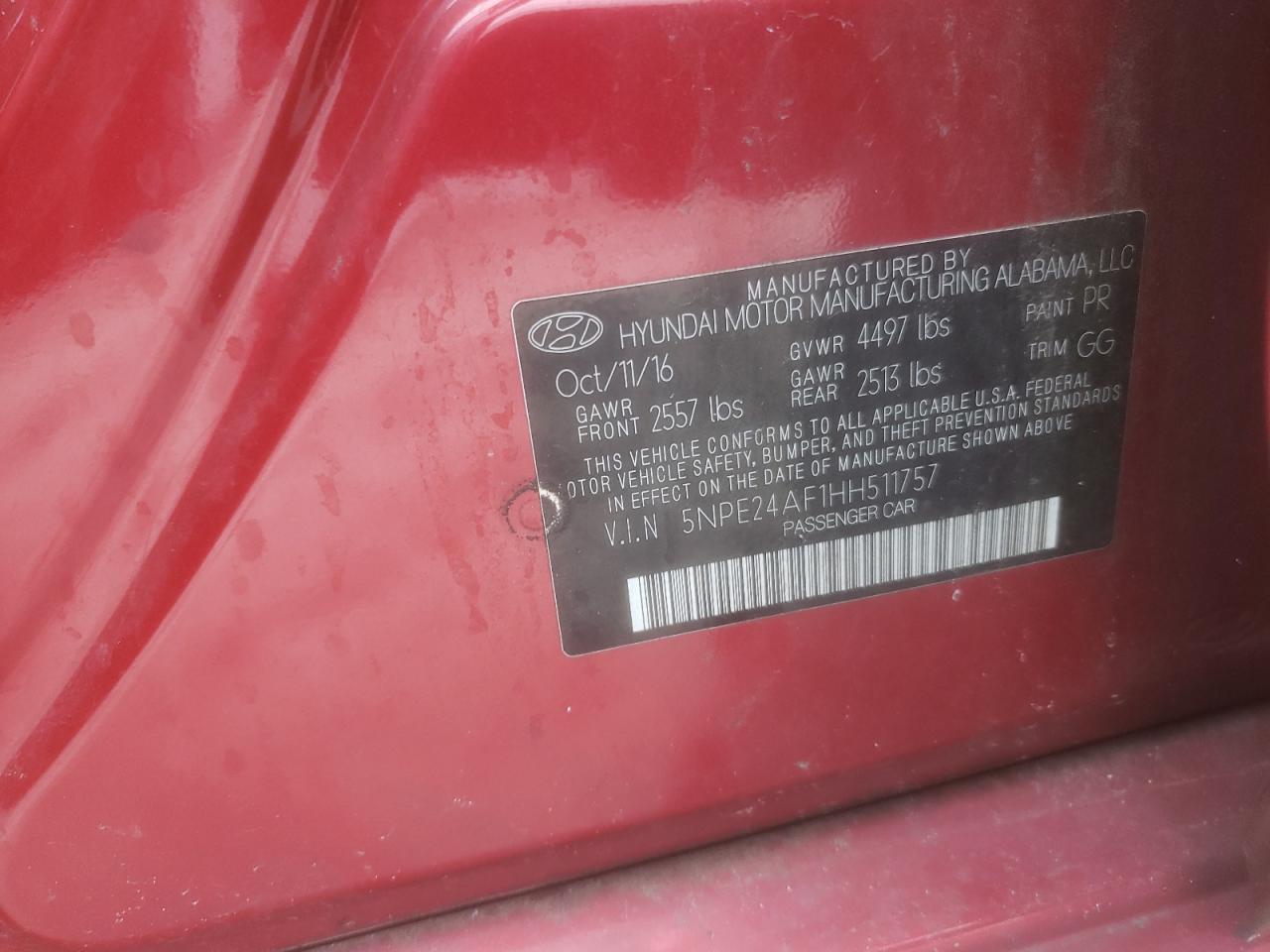 2017 Hyundai Sonata VIN 5NPE24AF1HH511757 Copart auction photo, front end damage thumbnail 12