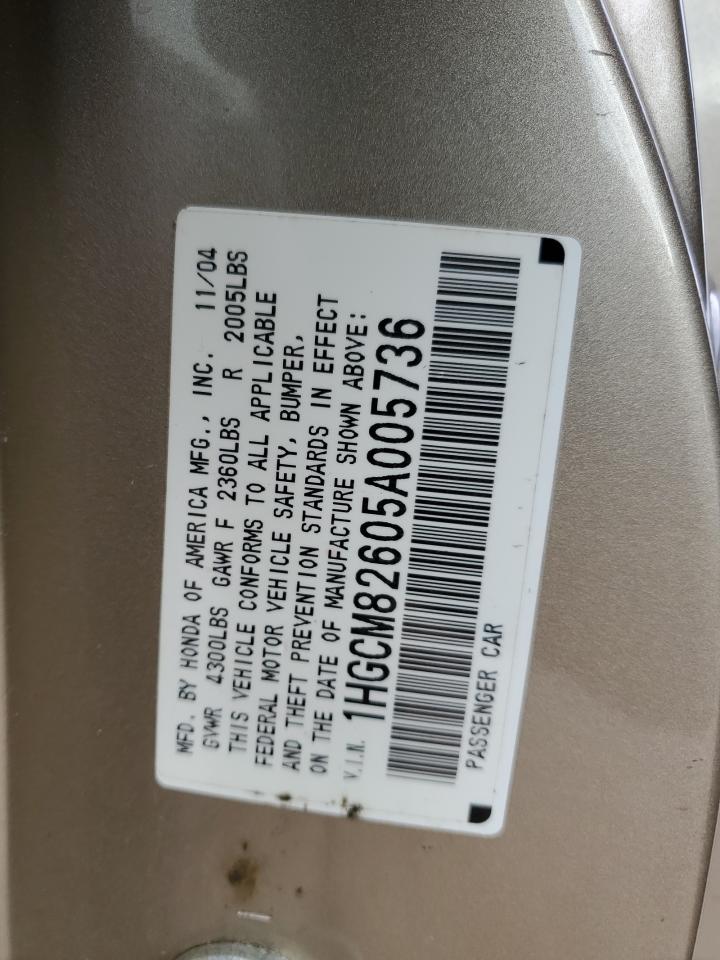 2005 Honda Accord VIN 1HGCM82605A005736 Copart auction photo, frame damage / side damage thumbnail 14