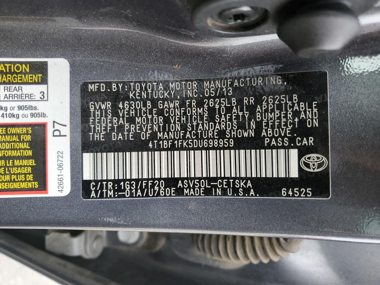 2013 Toyota Camry VIN 4T1BF1FK5DU698959 Copart auction photo, front end damage thumbnail 13