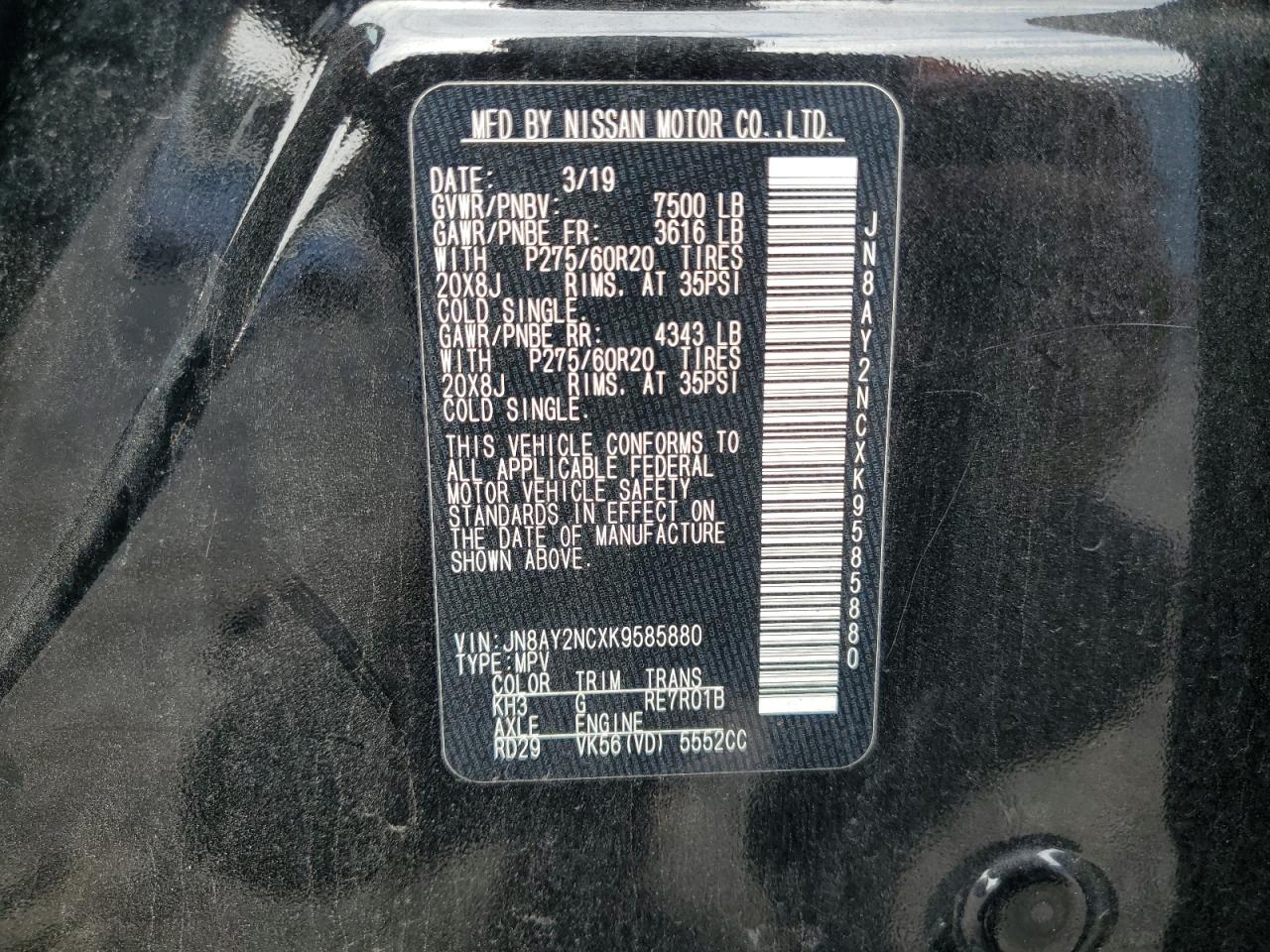 2019 Nissan Armada VIN JN8AY2NCXK9585880 Copart auction photo, rear end damage thumbnail 15