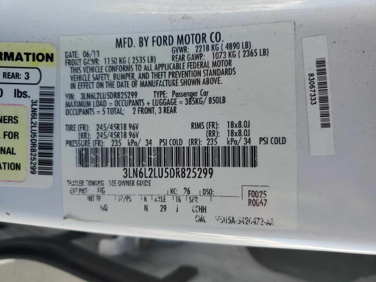 2013 Lincoln MKZ VIN 3LN6L2LU5DR825299 Copart auction photo, front end damage thumbnail 14