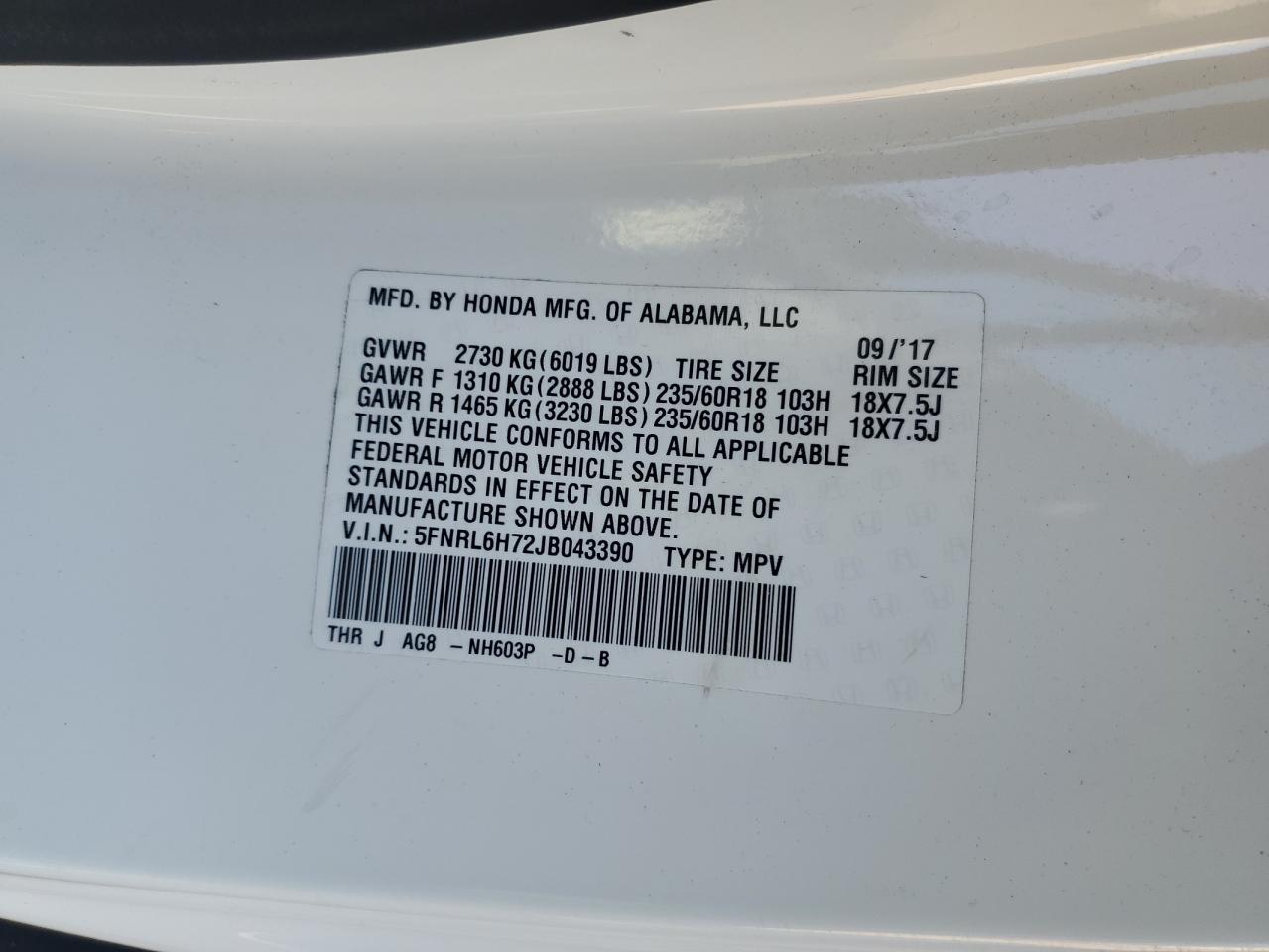 2018 Honda Odyssey VIN 5FNRL6H72JB043390 Copart auction photo, rear end damage thumbnail 15