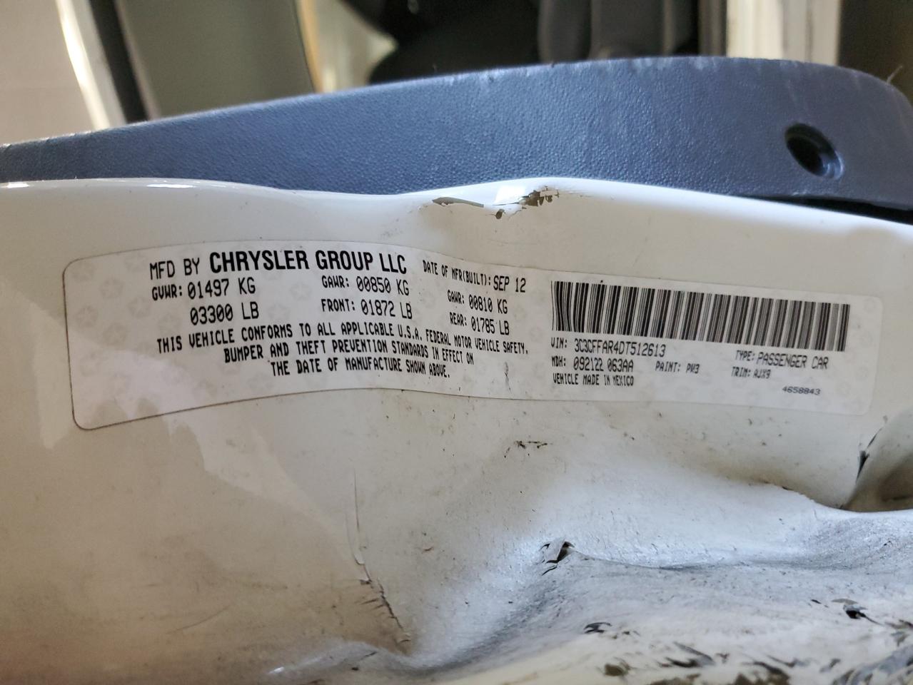 2013 Fiat 500 VIN 3C3CFFAR4DT512613 Copart auction photo, side / front end damage thumbnail 13