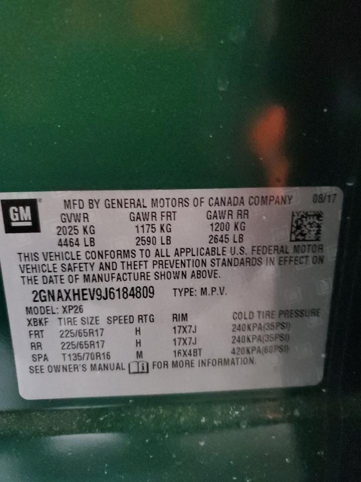 2018 Chevrolet Equinox VIN 2GNAXHEV9J6184809 Copart auction photo, front end damage thumbnail 14