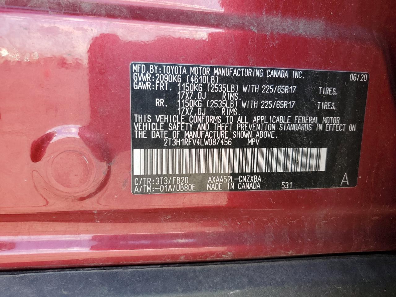 2020 Toyota RAV 4 VIN 2T3H1RFV4LW087456 Copart auction photo, front end / minor dent/scratches damage thumbnail 15