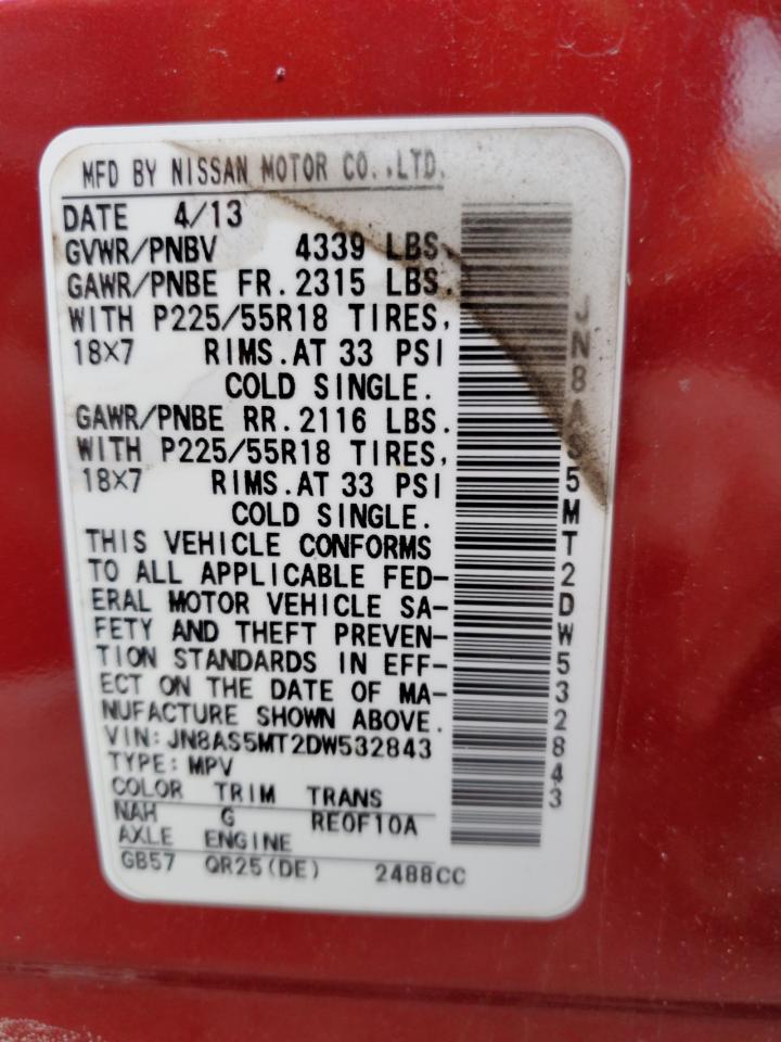 2013 Nissan Rogue VIN JN8AS5MT2DW532843 Copart auction photo, rear end / minor dent/scratches damage thumbnail 13