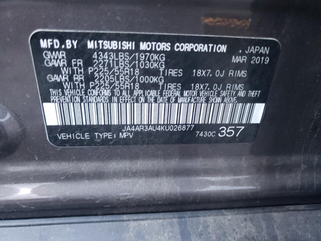 2019 Mitsubishi Outlander VIN JA4AR3AU4KU026877 Copart auction photo, front end / rear end damage thumbnail 12
