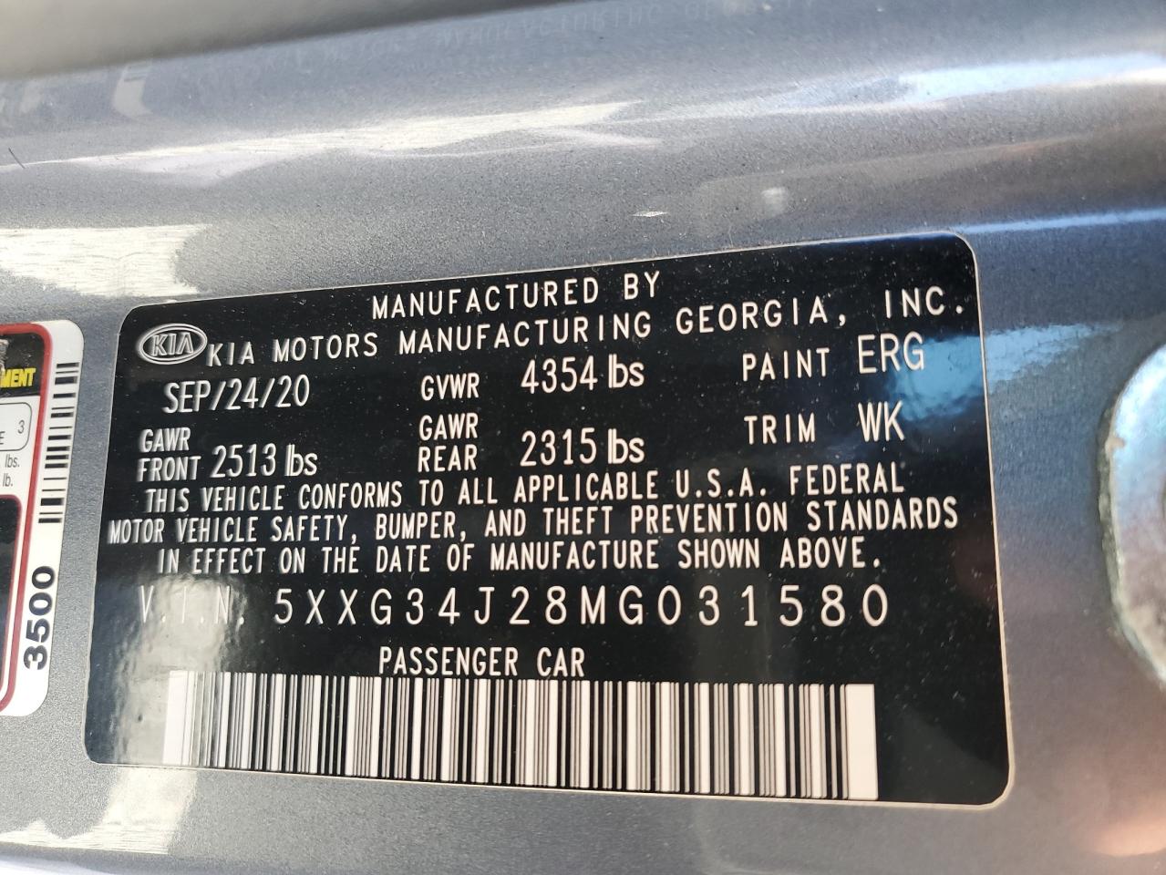 2021 KIA K5 VIN 5XXG34J28MG031580 Copart auction photo, front end damage thumbnail 12