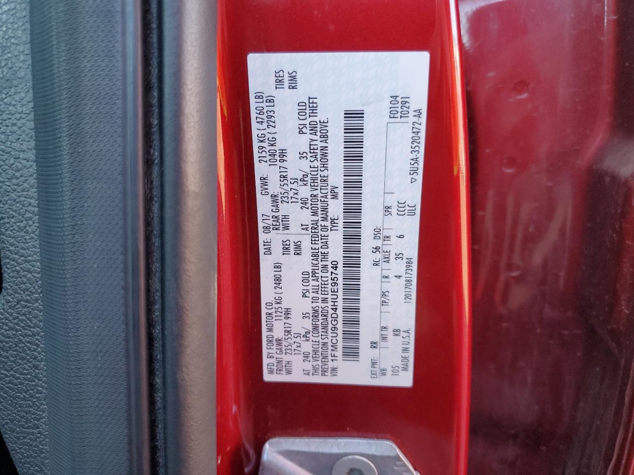 2017 Ford Escape VIN 1FMCU9GD4HUE95740 Copart auction photo, front end damage thumbnail 16