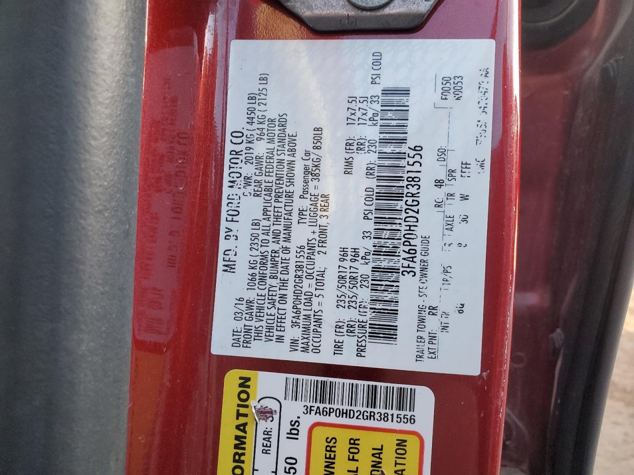 2016 Ford Fusion VIN 3FA6P0HD2GR381556 Copart auction photo, side damage thumbnail 14