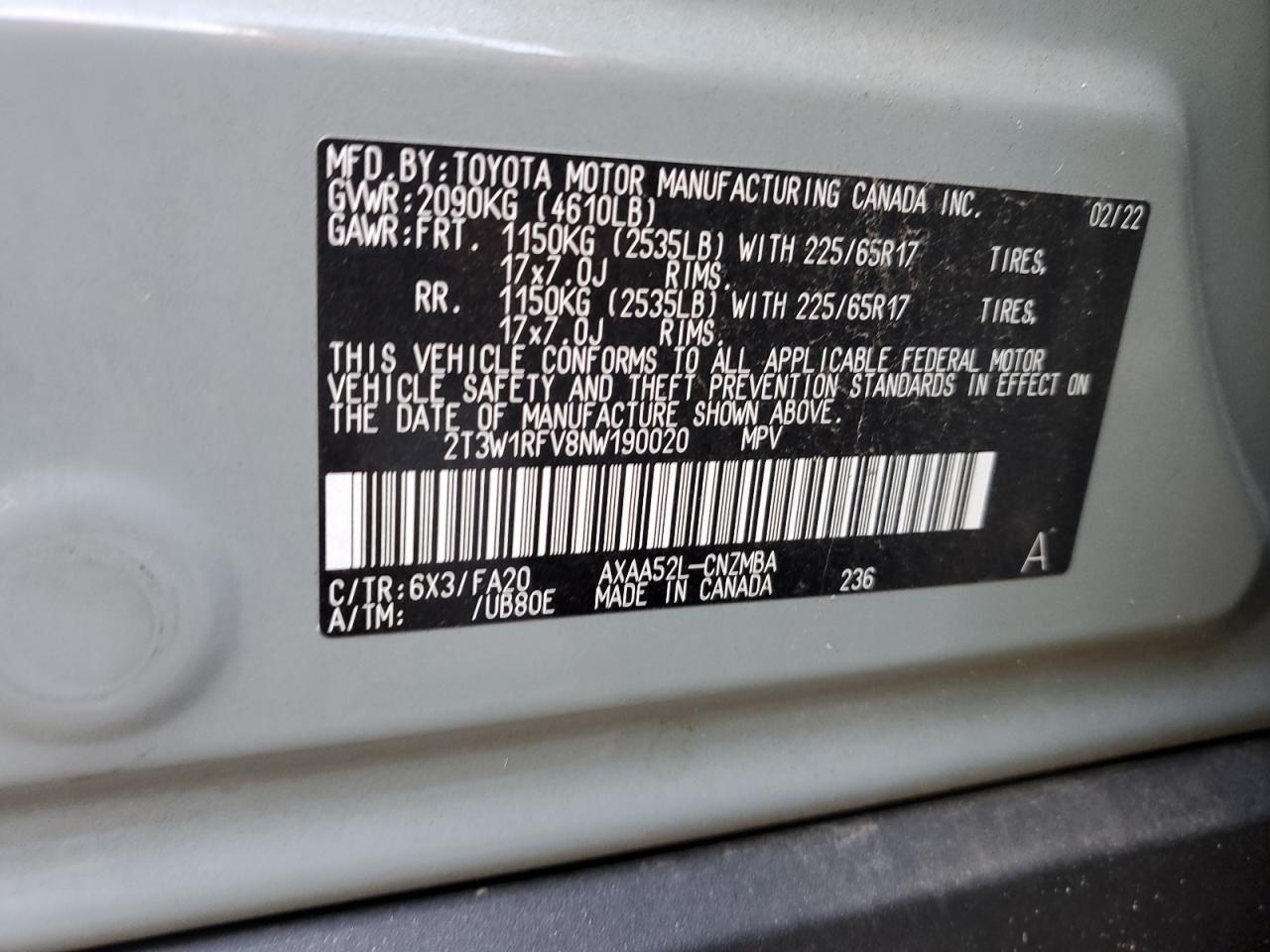 2022 Toyota RAV 4 VIN 2T3W1RFV8NW190020 Copart auction photo, rear end damage thumbnail 12
