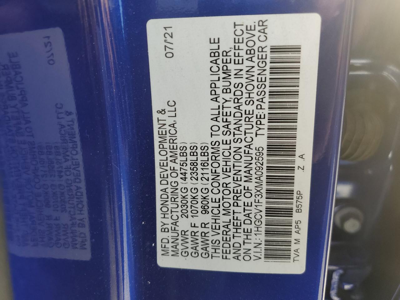 2021 Honda Accord VIN 1HGCV1F3XMA092595 Copart auction photo, front end damage thumbnail 14