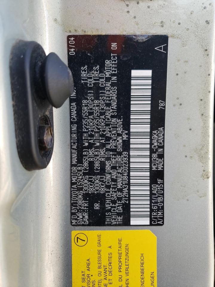 2004 Lexus RX VIN 2T2HA31U84C023939 Copart auction photo, front end / side damage thumbnail 13