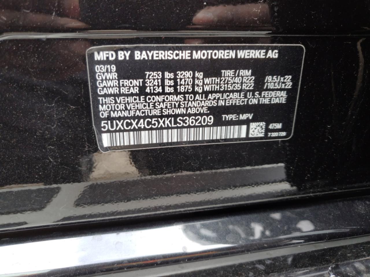 2019 BMW X7 VIN 5UXCX4C5XKLS36209 Copart auction photo, all over damage thumbnail 15
